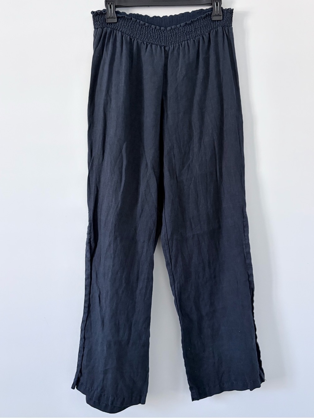 Johnny Was Los Angeles Navy Blue Linen Smocked Waist Wide Leg Side Slit Pants M
